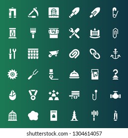 metal icon set. Collection of 36 filled metal icons included Cutter, Axe, Eiffel tower, Locker, Custom, Bird cage, Pipe, Hook, Wheelbarrow, Gold, Medal, Hand axe, Paint can, Tray