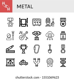 metal icon set. Collection of Pipe, Medal, Heated towel rail, Locker, Welder, Tool, Guitar, Trophy, Safe, Gas bottle, Paper cutter, Carabiner, Shovel, Newtons cradle, Taxi icons