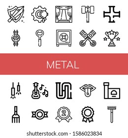 metal icon set. Collection of Sword, Valve, Gear, Bottle opener, Stage, Safe box, Hammer, Pistons, Pipe, Trophy, Ceiling lamp, Fork, Guitar, Medal, Piping, Silver medal icons