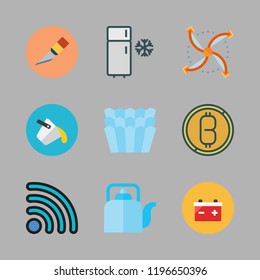 metal icon set. vector set about paint bucket, kettle, battery and bitcoin icons set.