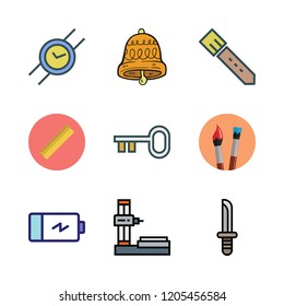 metal icon set. vector set about key, battery, paint brush and belt icons set.