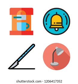 metal icon set. vector set about desk lamp, bell, coffee maker and scalpel icons set.
