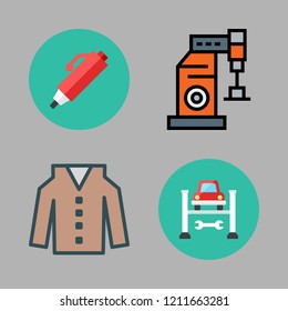 metal icon set. vector set about industrial robot, pen, garage and coat icons set.