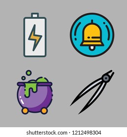 metal icon set. vector set about battery, tongs, bell and cauldron icons set.