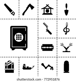 Metal icons. set of 13 editable filled metal icons such as gong, trowel, axe, robot arm, treble clef, watering system, bullet, water military, razor, bllade razor, gate, safe