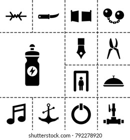 Metal icons. set of 13 editable filled metal icons such as metal gate detector, energy drink, ink pen, gardening knife, anchor, gate, switch off, ball chain, wire fence, dish