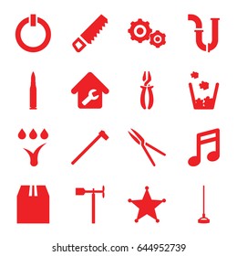 Metal icons set. set of 16 metal filled icons such as saw, pipe, pliers, hoe, garden tools, garden hammer, weather vane, cargo container, home repair, watering system, sheriff