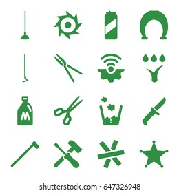 Metal Icons Set. Set Of 16 Metal Filled Icons Such As Milk Can, Hoe, Garden Tools, Garden Hammer, Watering System, Sheriff, Trash Bin, Beer Can, Saw, Knife, Wire Fence