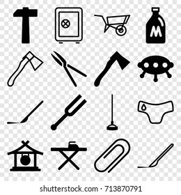 Metal icons set. set of 16 metal filled and outline icons such as milk can, gong, ironing table, hoe, garden tools, axe, scalpel, tonometer, hammer, ufo, wheel barrow