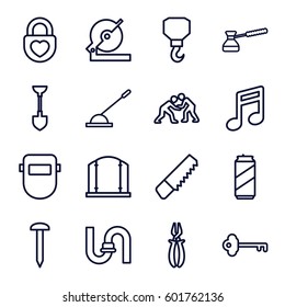 metal icons set. Set of 16 metal outline icons such as gate, pipe, saw, nail, shovel, circular saw, hook, pliers, welder mask, heart lock, arm lever, turk, key, beer can, judo