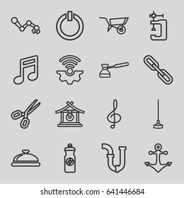 Metal icons set. set of 16 metal outline icons such as dish, wheel barrow, gong, pipe, vice clamp, energy drink, hoe, chain, treble clef, turk, switch off, anchor, scissors