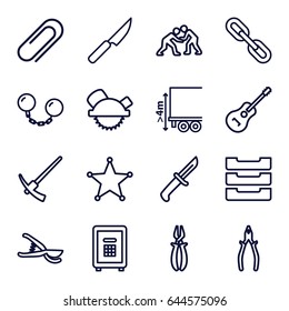 Metal icons set. set of 16 metal outline icons such as saw blade, pliers, garden tools, safe, cargo height, guitar, clip, table box, knife, sheriff, ball chain, judo, hammer