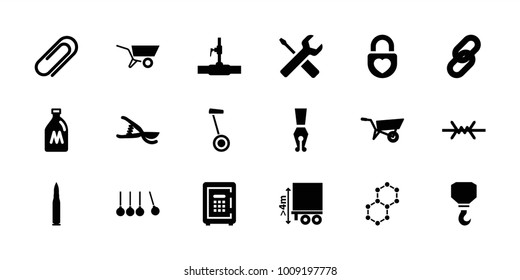 Metal icons. set of 18 editable filled metal icons: milk can, wheel barrow, hook, garden tools, water pipe, safe, cargo height, heart lock, link, clip, wire fence, bullet