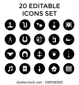 Metal icons. set of 20 editable filled metal icons such as children panties, calculator, pipe, vice clamp, note, horseshoe. best quality metal elements in trendy style.