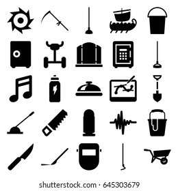 Metal icons set. set of 25 metal filled icons such as wheel barrow, dish, gate, bucket, saw, shovel, welder mask, paint bucket, hoe, scythe, scalpel, safe, arm lever