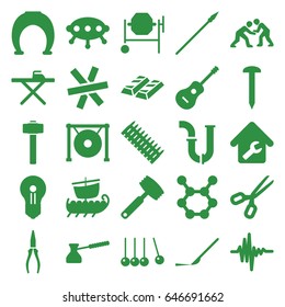 Metal icons set. set of 25 metal filled icons such as ironing table, nail, pipe, concrete mixer, pliers, garden hammer, scalpel, guitar, gong, music equalizer, home repair