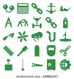 Metal icons set. set of 25 metal filled icons such as calculator, trowel, pipe, hook with cargo, welder mask, compass, hoe, saw, water pipe, energetic drink, judo, anchor