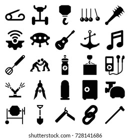 Metal icons set. set of 25 metal filled icons such as pin, bllade razor, shovel, concrete mixer, hook, hook with cargo, compass, energy drink, garden hammer, anchor, guitar