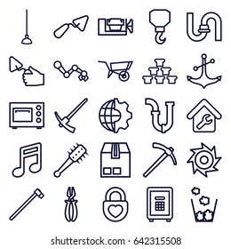 Metal icons set. set of 25 metal outline icons such as wheel barrow, pipe, trowel, vice clamp, hook, pliers, hoe, garden hammer, cargo container, anchor, safe, heart lock
