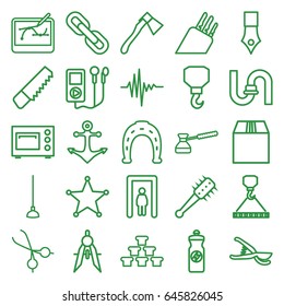 Metal icons set. set of 25 metal outline icons such as metal gate detector, horseshoe, pipe, saw, hook, hook with cargo, compass, energy drink, hoe, garden tools, axe