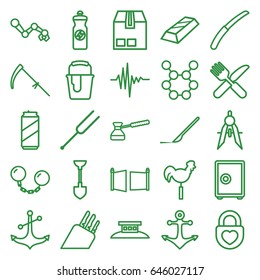 Metal icons set. set of 25 metal outline icons such as shovel, compass, paint bucket, energy drink, fork and knife, scythe, gardening knife, weather vane, scalpel