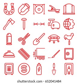 Metal icons set. set of 25 metal outline icons such as metal gate detector, dish, gate, shovel, nail, trowel, garden tools, axe, weather vane, scalpel, safe, cargo height