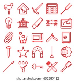 Metal icons set. set of 25 metal outline icons such as gong, bllade razor, horseshoe, calculator, saw, nail, fork and knife, hoe, weather vane, tonometer, home key, microwave