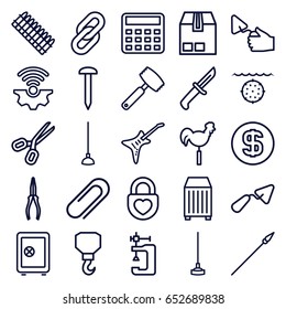 Metal icons set. set of 25 metal outline icons such as safe, calculator, nail, trowel, hook, pliers, vice clamp, hoe, weather vane, cargo container, heart lock, guitar, clip