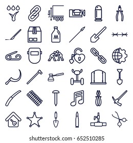 Metal icons set. set of 36 metal outline icons such as milk can, pin, gate, shovel, nail, vice clamp, pliers, welder mask, trowel, scythe, garden hammer, gardening knife