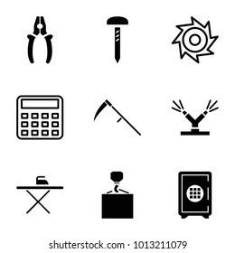 Metal icons. set of 9 editable filled and outline metal icons such as hook with cargo, watering system, calculator, saw, safe, ironing table, nail, pliers