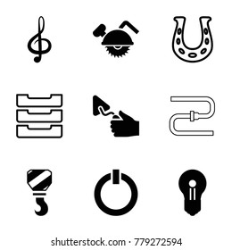 Metal icons. set of 9 editable filled and outline metal icons such as trowel, keyhole, treble clef, switch off, table box, horseshoe, saw blade, hook