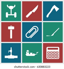 Metal icons set. set of 9 metal filled icons such as calculator, axe, garden hammer, water pipe, scalpel, clip, knife, water military