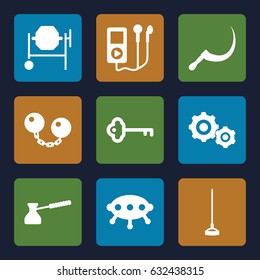 Metal icons set. set of 9 metal filled icons such as concrete mixer, hoe, scythe, turk, key, gear    sign symb, ball chain, ufo