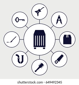 Metal icons set. set of 9 metal filled icons such as saw, pipe, compass, scalpel, cargo container, guitar, key
