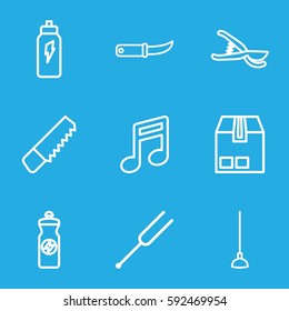 metal icons set. Set of 9 metal outline icons such as saw, energy drink, hoe, garden tools, gardening knife, cargo container, tonometer, energetic drink