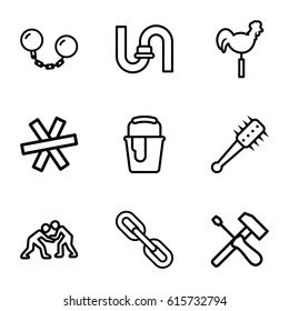 Metal icons set. set of 9 metal outline icons such as pipe, paint bucket, weather vane, mace, ball chain, wire fence, judo, link