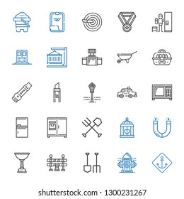 metal icons set. Collection of metal with anchor, hydrant, shovel, traffic barrier, trophy, magnet, cage, fork, fridge, microwave, taxi, street lamp. Editable and scalable metal icons.