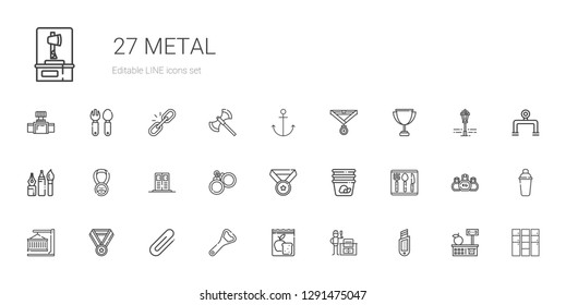 metal icons set. Collection of metal with cutter, bbq grill, meal, bottle opener, clip, medal, container, cutlery, handcuffs, locker, tools. Editable and scalable metal icons.