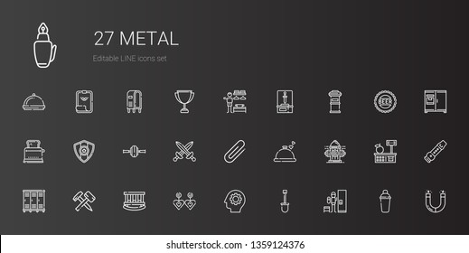 metal icons set. Collection of metal with locker, shovel, gear, earrings, cradle, hammer, lockers, hydrant, dinner, clip, swords, wheel, medal. Editable and scalable metal icons.