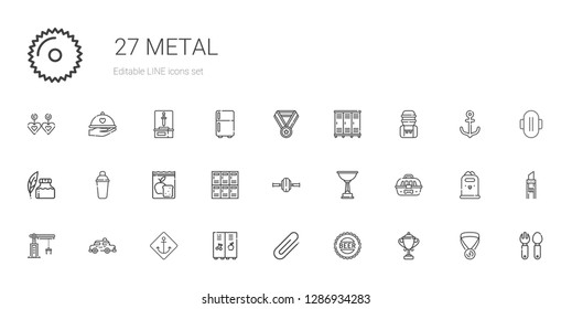 metal icons set. Collection of metal with trophy, bottle cap, clip, locker, anchor, taxi, crane, cage, wheel, lockers, meal, shaker, ink pen. Editable and scalable metal icons.