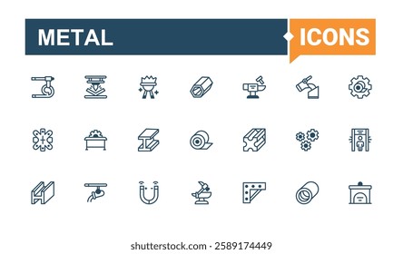 Metal icons set in linear style. Contains such icons as stainless, channel, round, industry, square and more. Minimalistic icon. Vector line and solid icons.