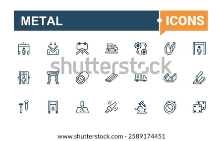 Metal icons set in linear style. Contains such icons as stainless, channel, round, industry, square and more. Minimalistic icon. Vector line and solid icons.