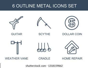 metal icons. Trendy 6 metal icons. Contain icons such as guitar, scythe, dollar coin, weather vane, cradle, home repair. metal icon for web and mobile.