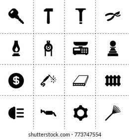 Metal icons. vector collection filled metal icons. includes symbols such as secateurs, car key, screw, muffler, hight beem light, rake. use for web, mobile and ui design.