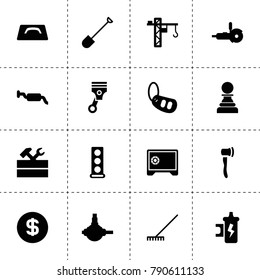 Metal icons. vector collection filled metal icons. includes symbols such as rake, shovel, work tool, engine head, spark coil. use for web, mobile and ui design.