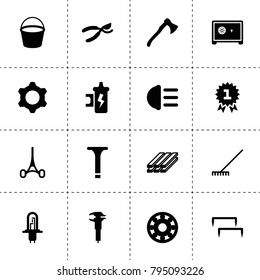 Metal icons. vector collection filled metal icons. includes symbols such as rake, axe, secateurs, caliper, bearing, spark coil. use for web, mobile and ui design.