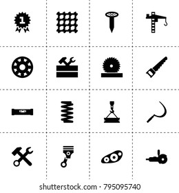 Metal icons. vector collection filled metal icons. includes symbols such as sickle, wrench hammer, work tool, spring, bearing, piston. use for web, mobile and ui design.