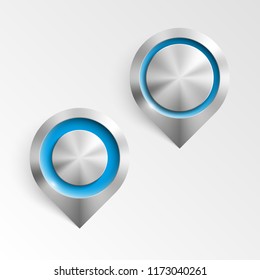 Metal Index location on map. Pointer steel position. Marker standing. Indicator destination. Metal color pointrs set. Advertising design shape. Speech steel talking cloud. Vector label pointer tag