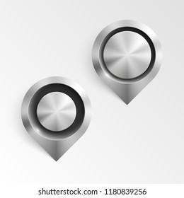 Metal Index location on map. Pointer steel position. Marker standing. Indicator destination. Metal color pointrs set. Advertising design shape. Speech steel talking cloud. Vector label pointer tag