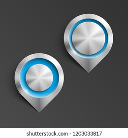 Metal Index location on map. Pointer steel position. Marker standing. Indicator destination. Metal color pointrs set. Advertising design shape. Speech steel talking cloud. Vector label pointer tag